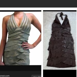 Cache chocolate brown scalloped bandage halter cocktail party dress, size 8